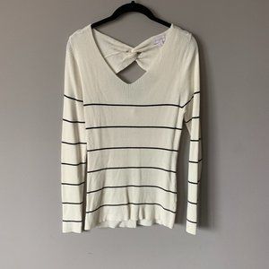 Long Sleeve Top - White with Blue Stripes - Open Cutouts in Back with Knot